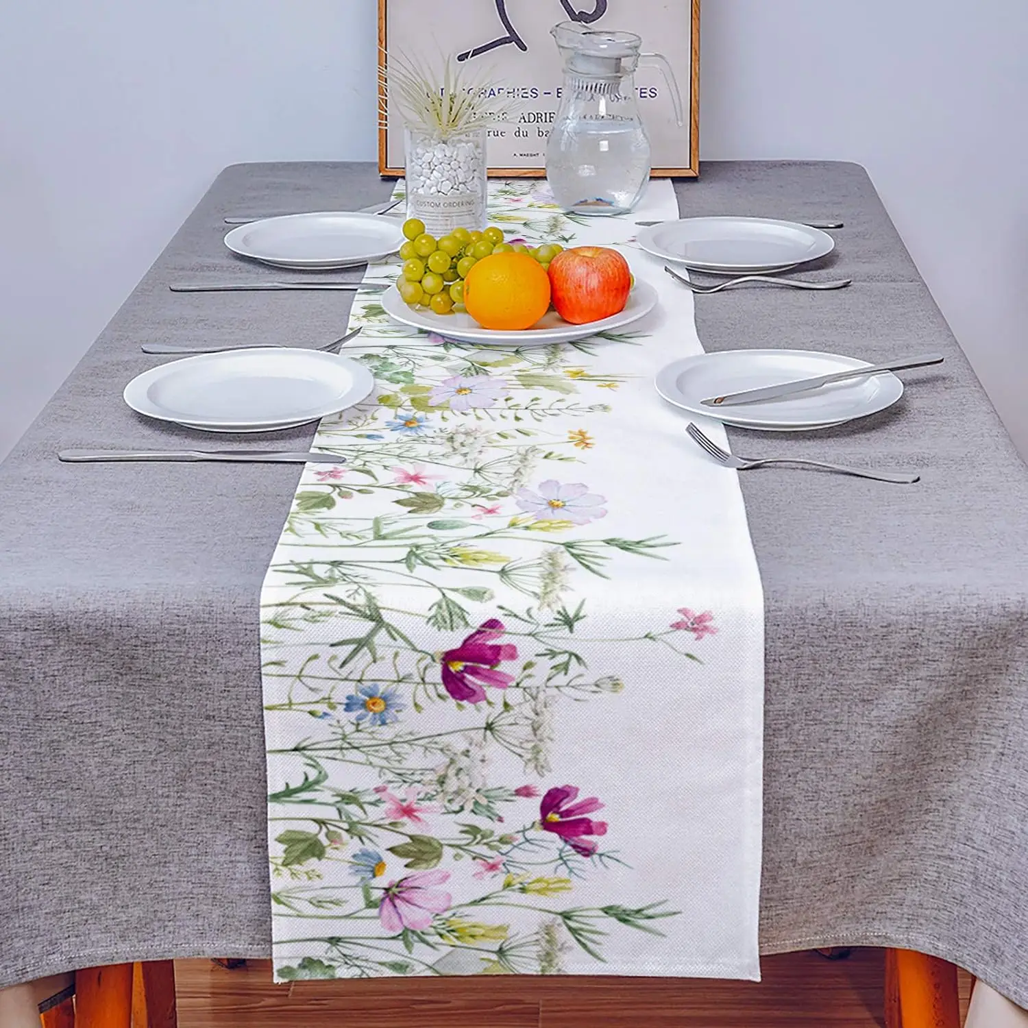 Spring Floral Linen Table Runners Dresser Scarves Table Decor Spring Farmhouse Dining Table Runners Holiday Party Decorations