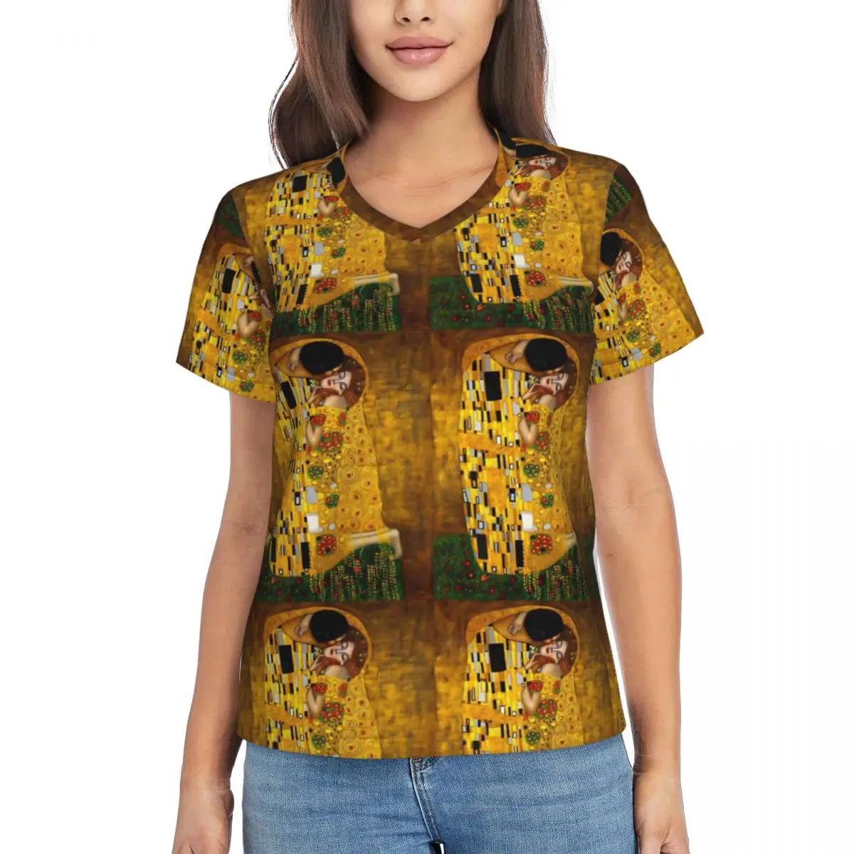 

Gustav Klimt T-Shirts The Kiss Print V Neck Classic Oversized T Shirt Short Sleeves Womens Hip Hop Tee Shirt Summer Top Tees