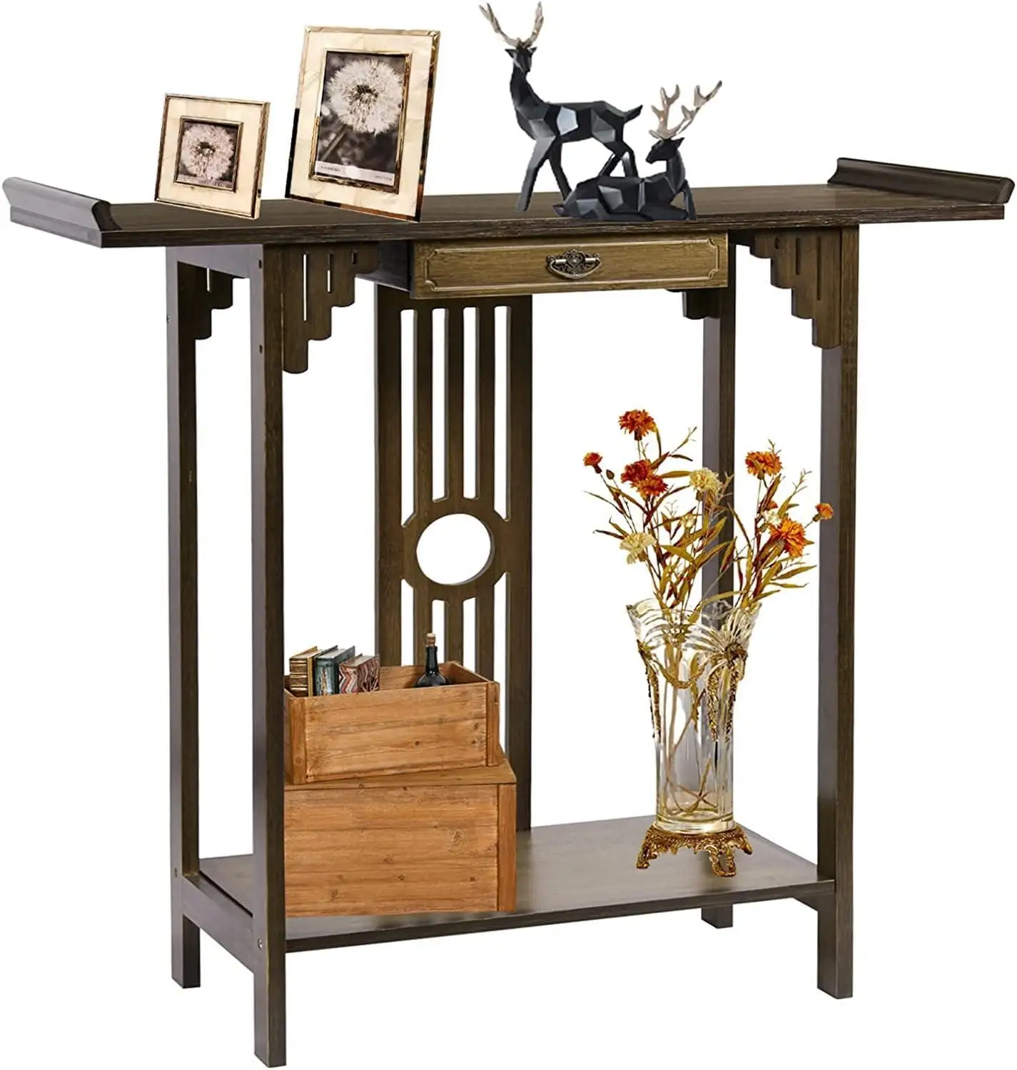 Narrow Console Table for Entryway 32in Brown Bamboo Hallway Table with Drawer for Living Room Bedroom