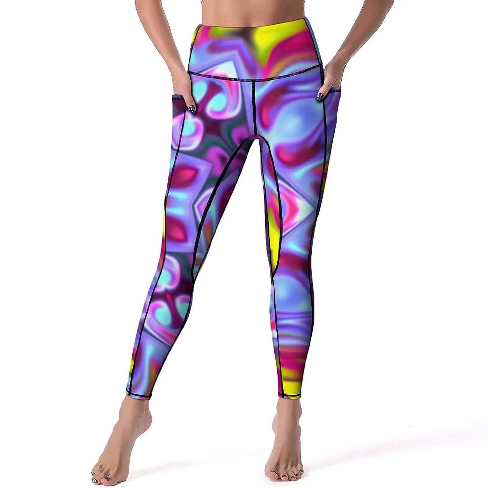 

Psychedelic Hippie Yoga Pants Blue Pink and Yellow Fitness Gym Leggings High Waist Quick-Dry Sports Tights Elegant Yoga Legging