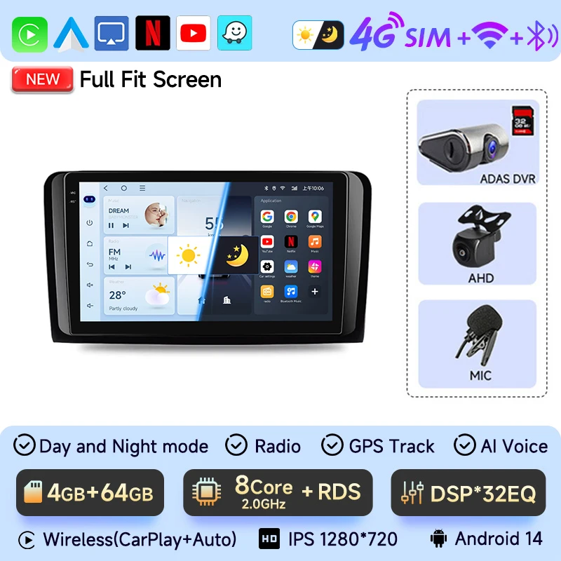 Autoradio Android 7" Pour Mercedes ML/GL W164/X164 - 2Go/64Go, Carplay/Android Auto Sans Fil, GPS, Bluetooth, Compatible Caméra De Recul