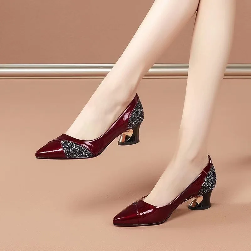 Women's Luxury Shoes Elegant Middle Heels Party PU Leather Pointed Pumps Ladies Wedding Shoes Bride Summer Work Soft Sole Autumn 5