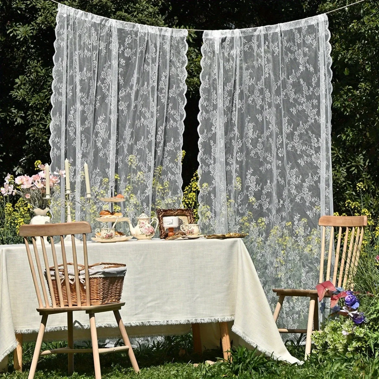2pcs elegant solid-color curtains with wave lace trim. Holiday home decor. 1