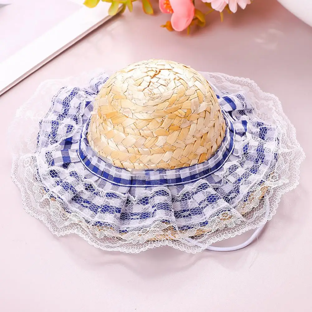 강아지 모자 애완동물 모자 고양이 밀짚모자 레이스 프릴 귀여운 리본 조절 가능..