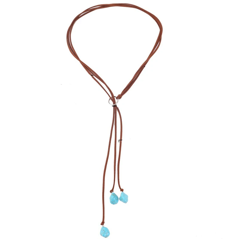 Bohemian Synthetische Türkis Halskette Lange Kette Quasten Halskette Handgemachte Vintage Y-förmigen Schmuck Braun Wrap Samt Halsband