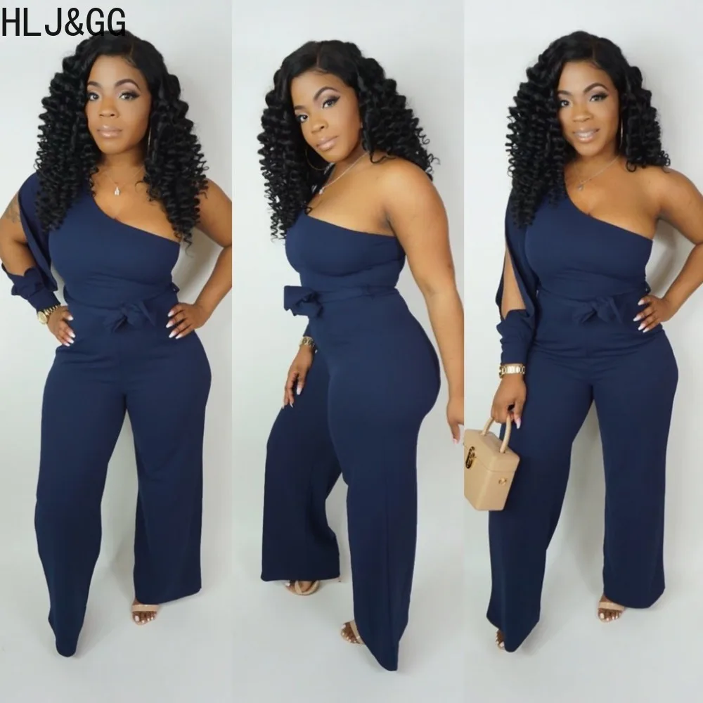 HLJ&GG Casual One Shoudler Bandage Jumpsuits Women Sleeveless Wide Leg Pants Overall Autumn Female One Piece Sporty Playsuits
