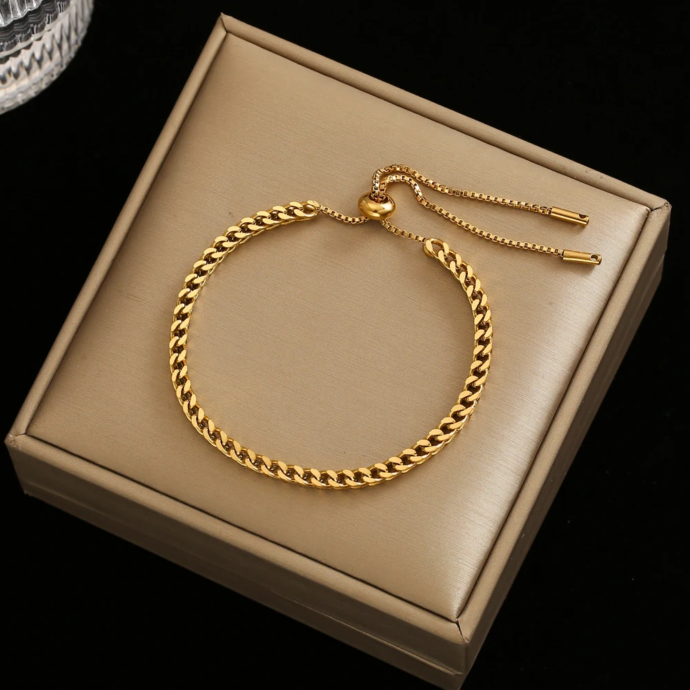 Stainless Steel Link Chain Bracelets For Women Girl Men Gold Color Hiphop/Rock Adjustable Jewelry