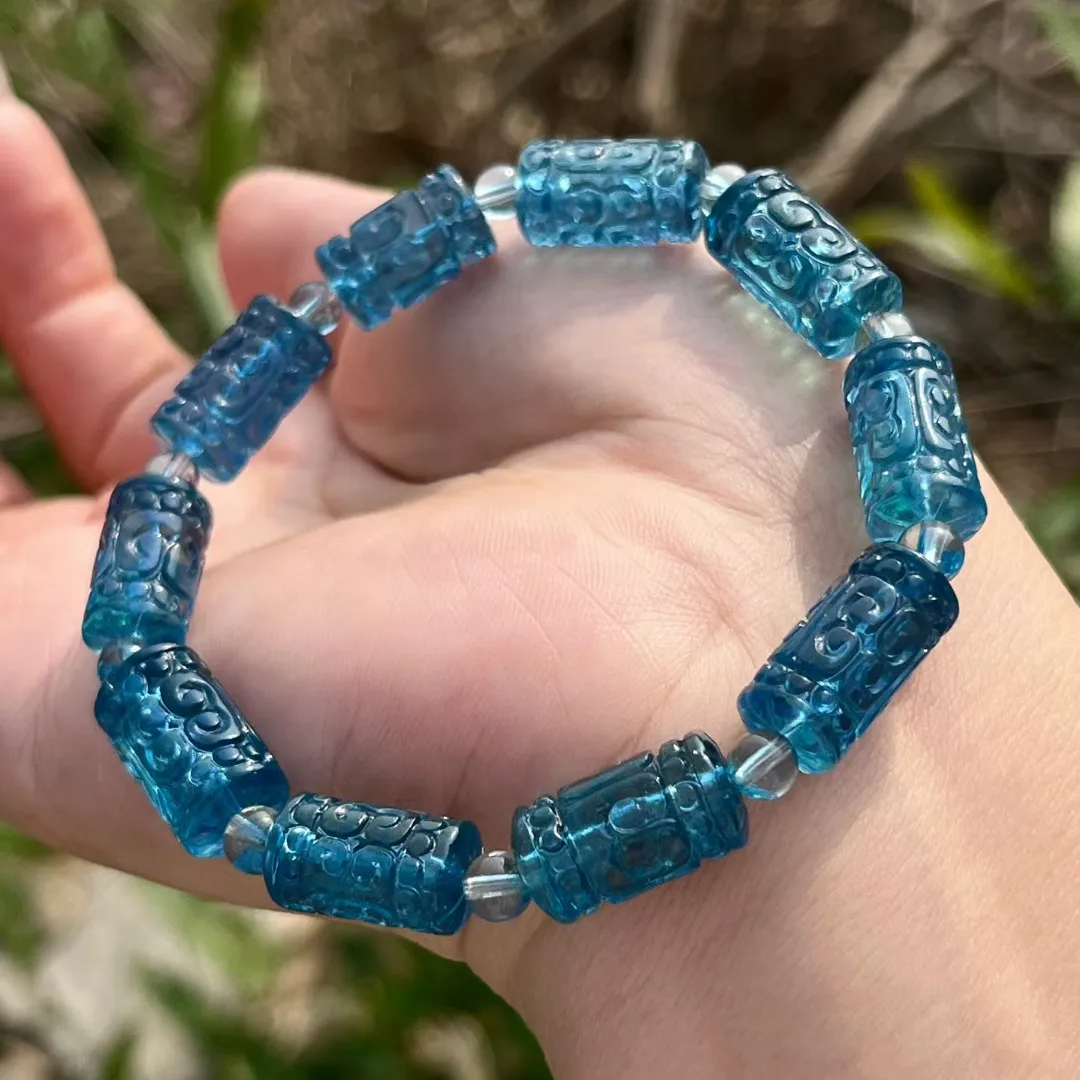 

Natural Blue Aquamarine Clear Barrel Beads Bracelet Pendant 16.5x9.3mm Women Men Brazil Stretch Blue Aquamarine Jewelry AAAAA