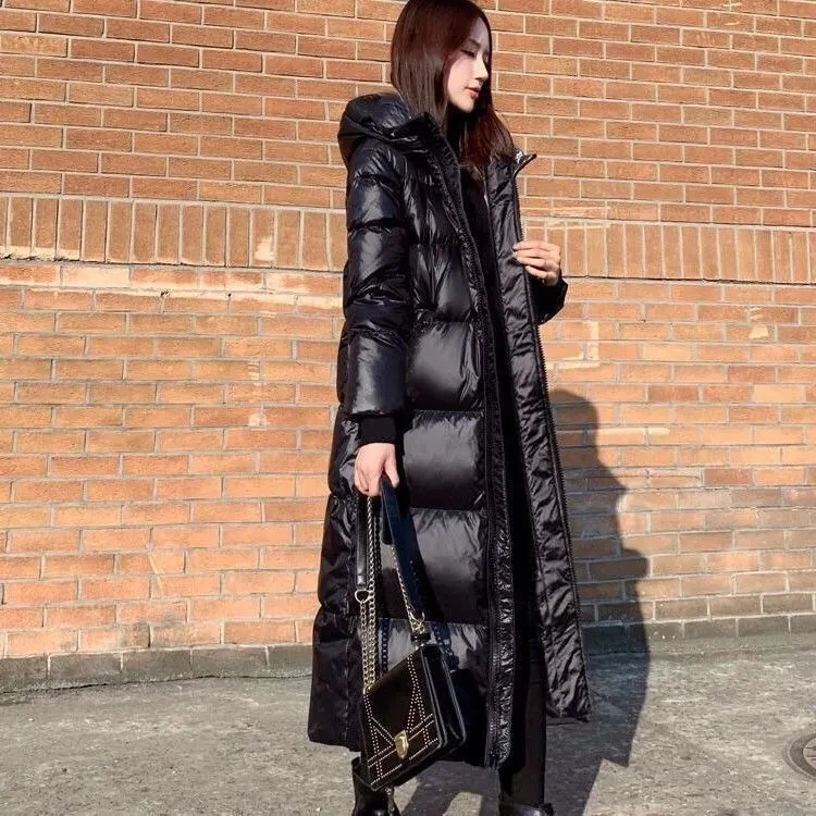 여성용 다운 코튼 코트, 시크한 블랙 패딩, 퍼퍼 재킷, 길고 따뜻한 방풍 후드 파카, 여성 스노우 웨어 코트, 2024 겨울 신상