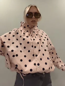 Giacca da donna a pois con cappuccio, monopetto, con lacci, nuova collezione, capospalla femminile con tasche, moda primaverile, cappotto streetwear per signore