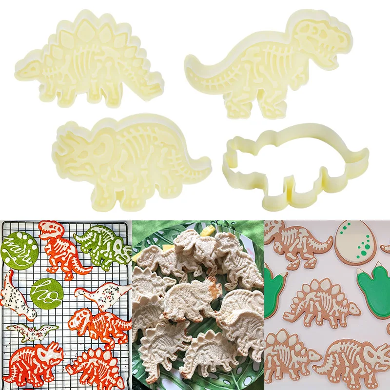 Dinosaur Cookie Cutters 3Pcs Skeleton Stamper T-Rex Stegosaurus Triceratops Fossil Cookie Cutters Baking Biscuit Embossing Mould