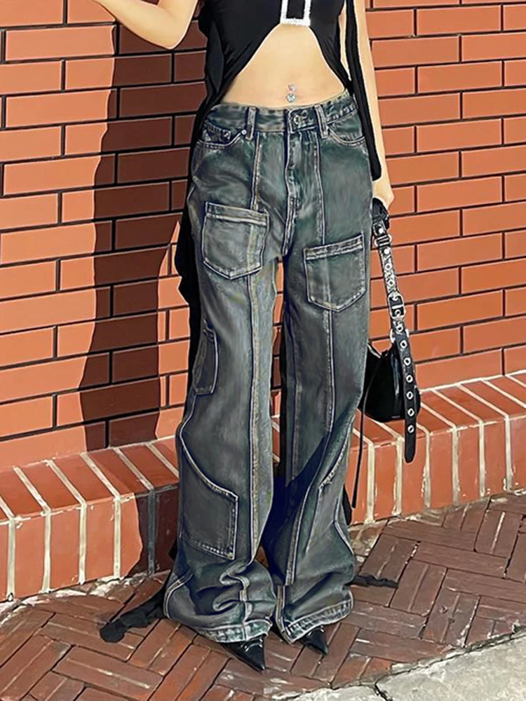 Y2K Grunge Pockets Cargo Jeans Low Waisted Tie Dye Vintage Trousers Women Streetwear Korean Aesthetic Jeans Punk Hippie