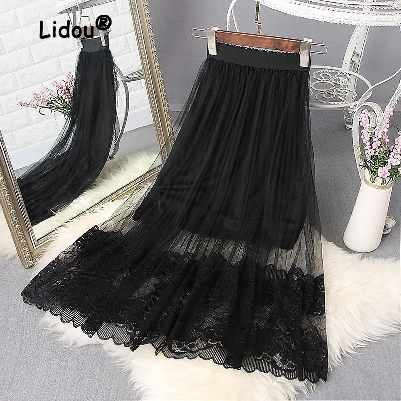 Fashion Mesh 2023 New Pleated Skirt Mid Length Women's Elasticity Transparent Design High Waisted Black Lace Casual Lady Skirt