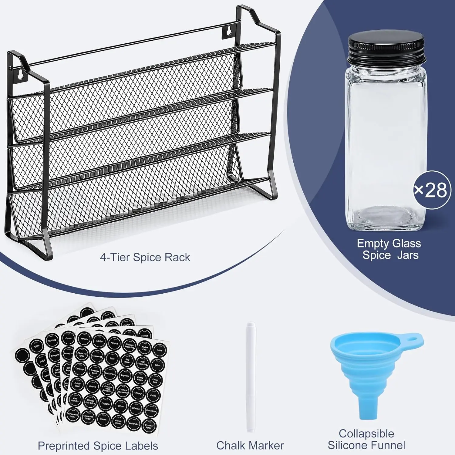 Spice Rack Organizer for Cabinet, Spice Organizer with 28 Empty Spice Jars with Black Lids 2