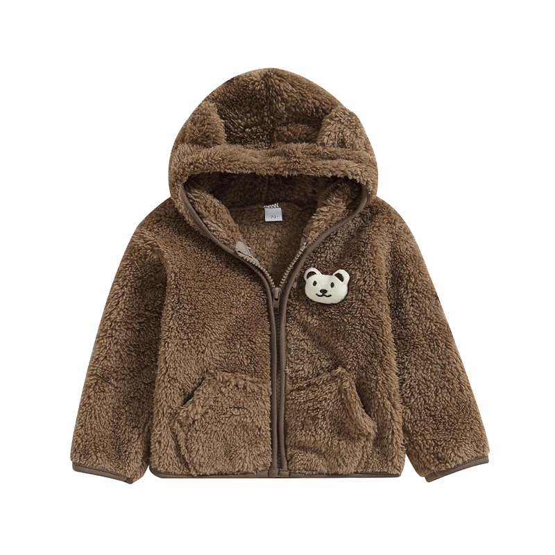 

Baby Girl Boy Winter Fuzzy Coat 3D Bear Hooded Jacket Zipper Closure Fleece Outerwear