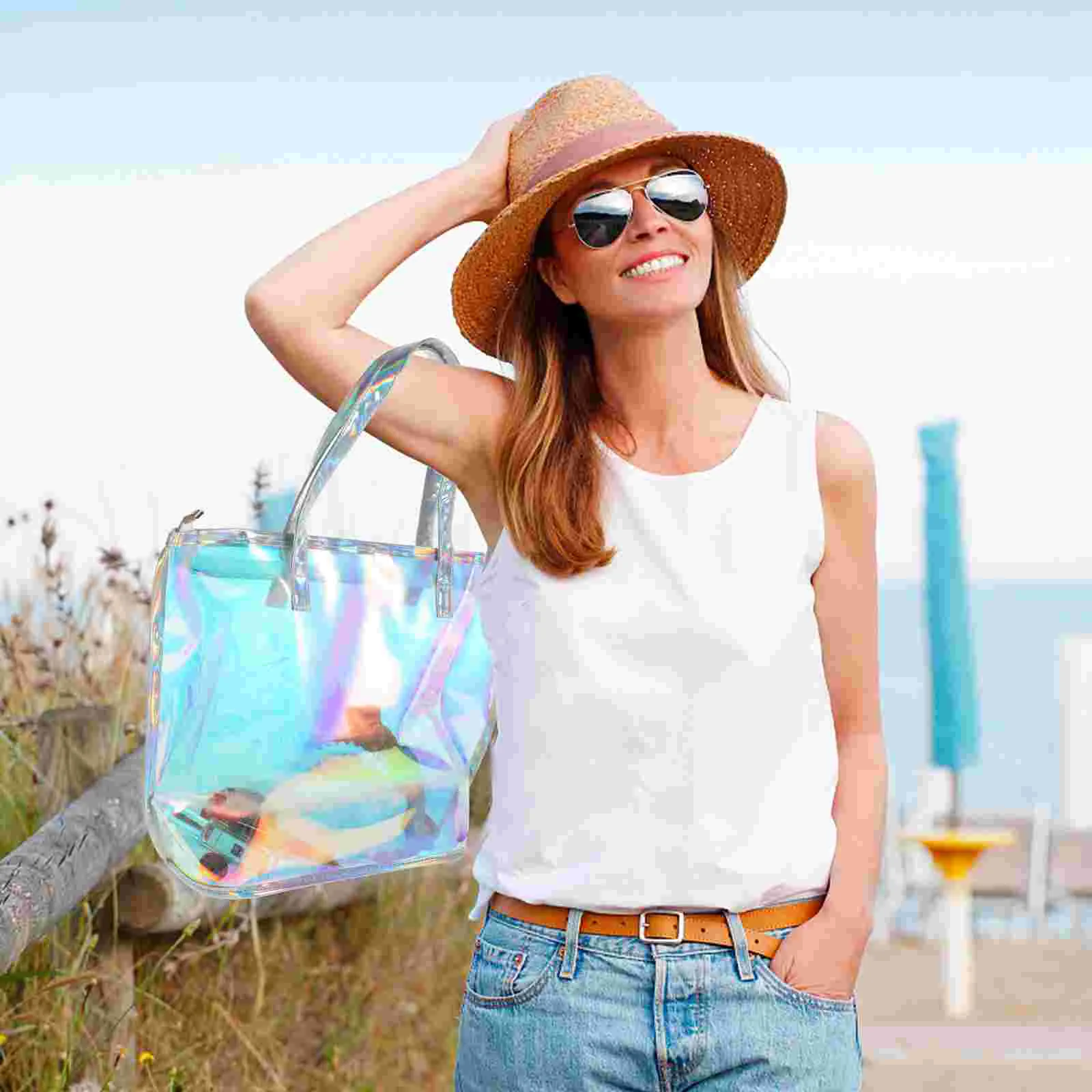 

Beach Tote Bag Collapsible Shoulder Foldable Pouch Make up Storage Pocket Tpu Shopping Clothes Bags for