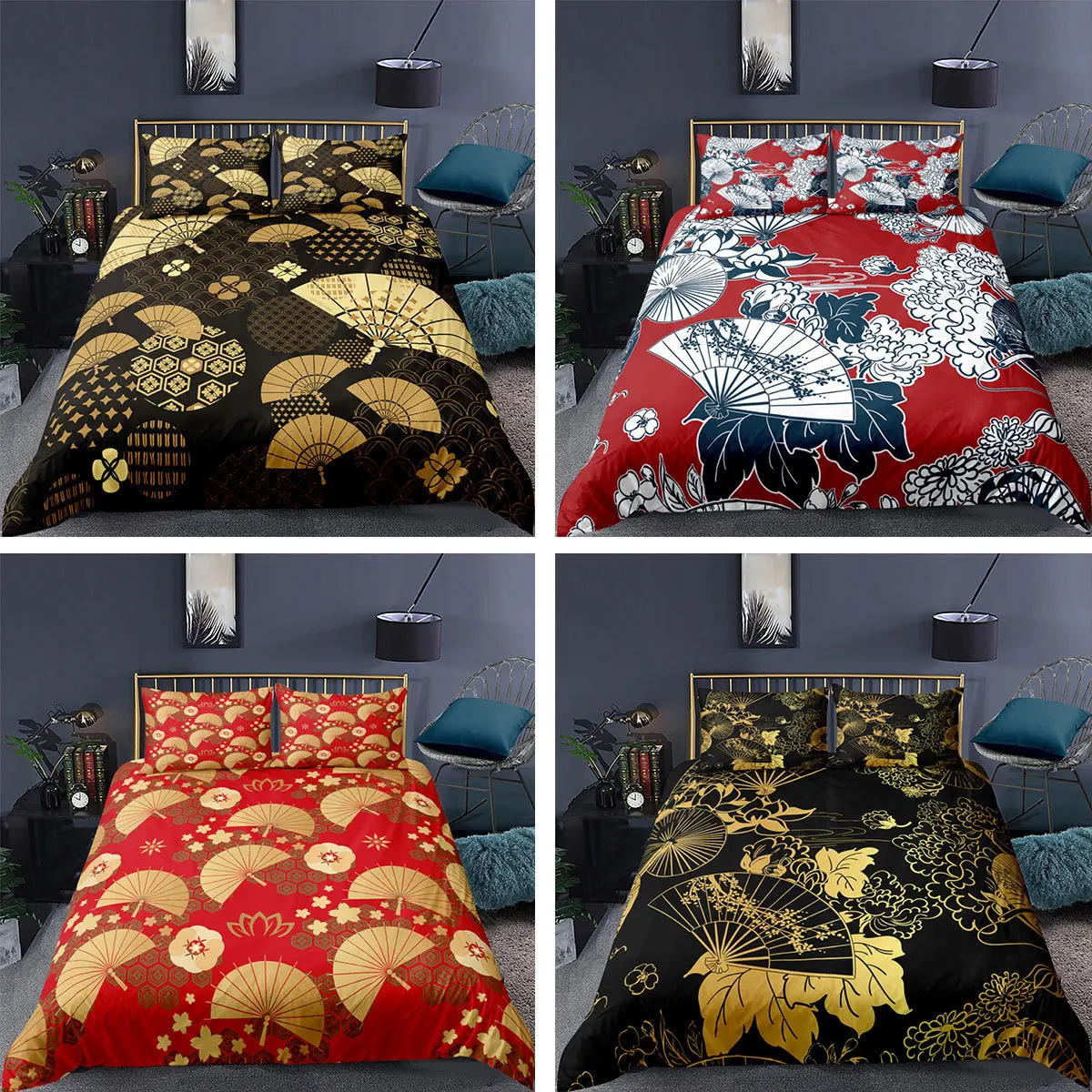 

3D Print Retro Folding Fan Pattern Bedding Set Duvet Cover Adult Bedclothes Covers Comforter Sets Pillowcase NO Sheet