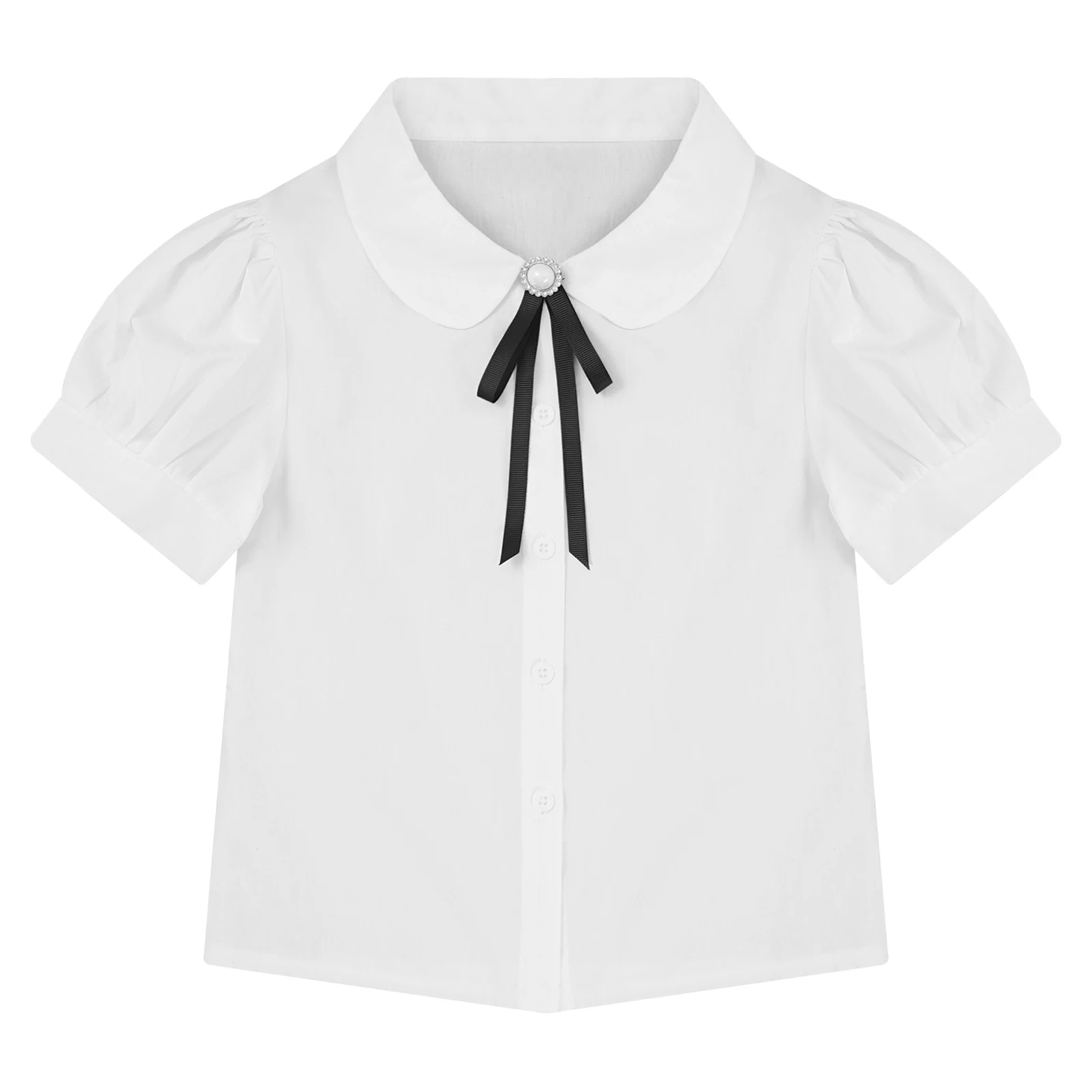 Kids School Girls Fashion Shirt Short Sleeve Casual Solid Color Turn-Down Collar Bowknot Blouse