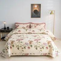 3Pcs Quilt Set 100%Cotton Quilted Bedspread 2Pcs Pillow shams  Lightweight Reversible Chic Floral Printed Bed Coverlet 1