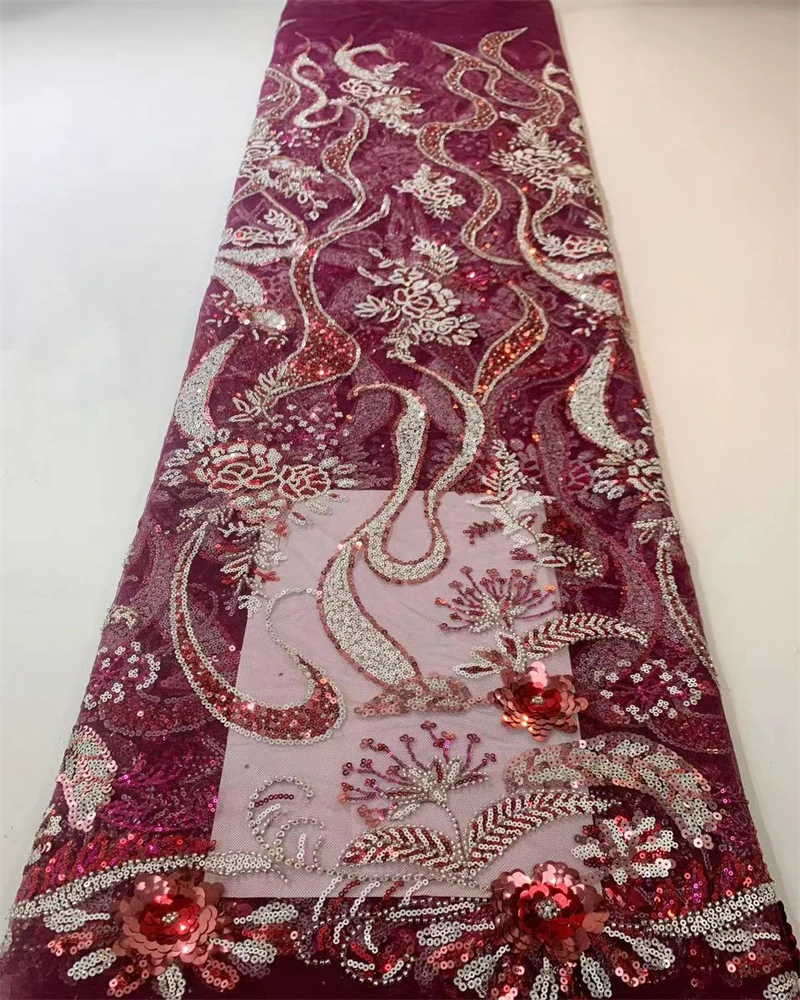 

2023 High Quality African Nigerian Latest Tulle Laces Fabrics Sewing Embroidery Laces Dresses With Sequins Beaded 5 Yards FJ2603