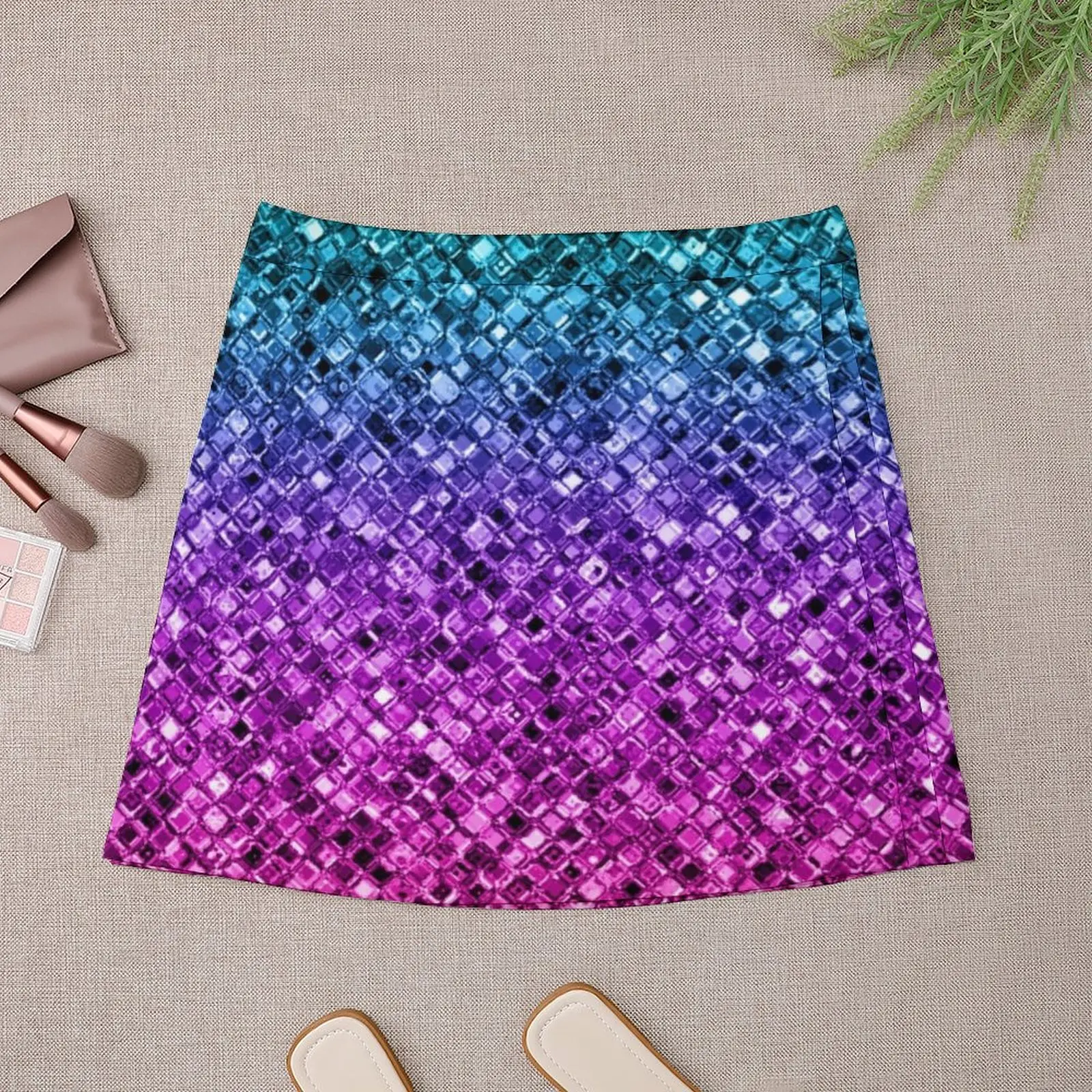 Teal Purple Pink Gradient Faux Sparkly Sequins Mini Skirt skirt skirt mini korean style women clothing summer clothes