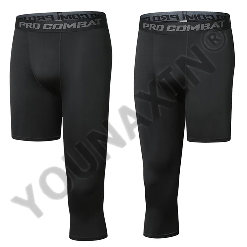 Men Compression Base Layer Running Tight Sport Cropped One Leg Leggings Gym Basketball Football Soccer Fitness Exercise 3/4 Pant
