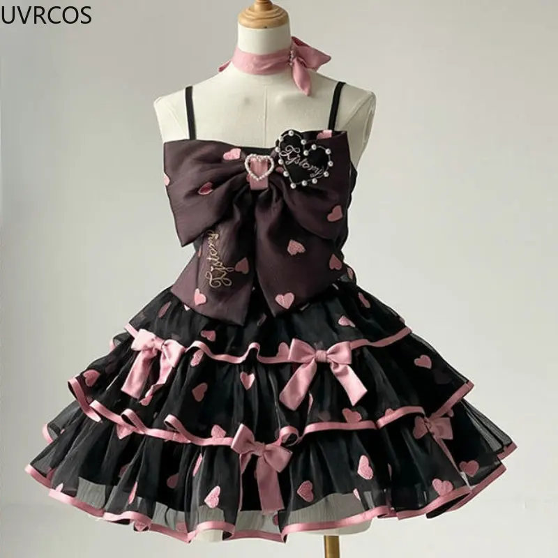 Japanese Victorian Lolita Dresses Women Gothic Lace Bow Y2k Tank Tops Tiered Love Cake Skirt Suit Kawaii Sweet Lolita Sets