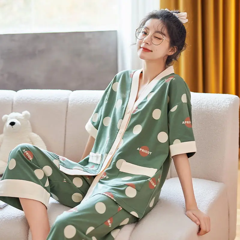 

2023 Japan Summer Sweet kimono Women's Short Sleep Tops Calf Pant pajamas set Ladies Cute home clothes Sleepwear pyjama pour