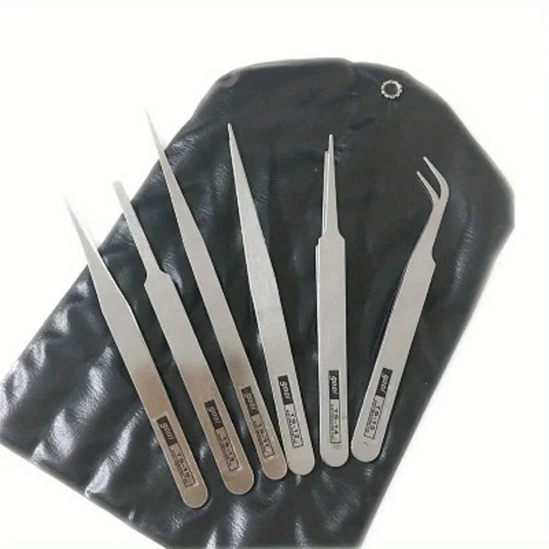 6Pcs Stainless Steel Precision Tweezers Set Industrial Grade Bent & Straight