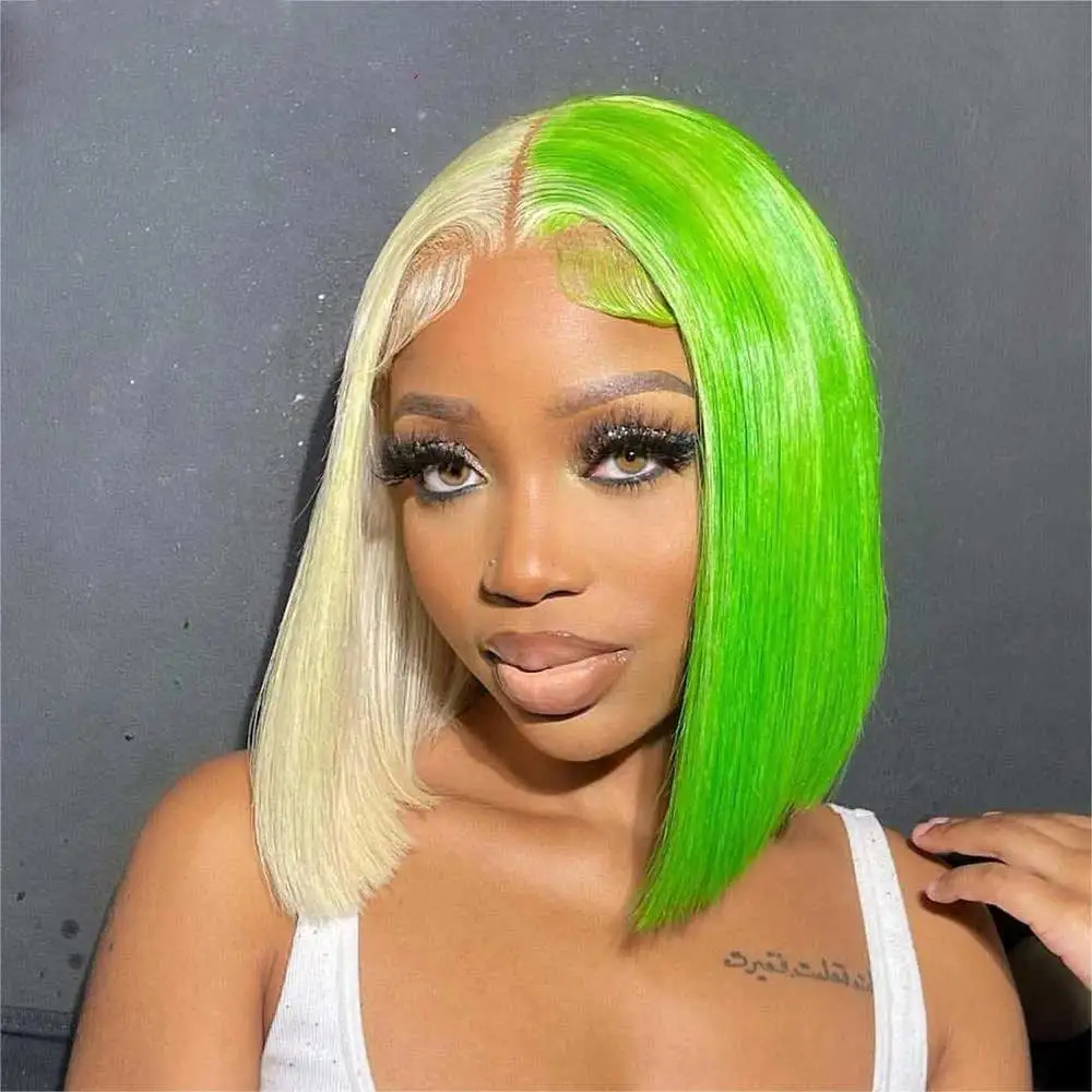 

Half Green Half Blond 613 Straight Lace Front Wig 13x4 Hd Lace Frontal Wig 180% Glueless Short Bob Lace Front Human Hair Wigs