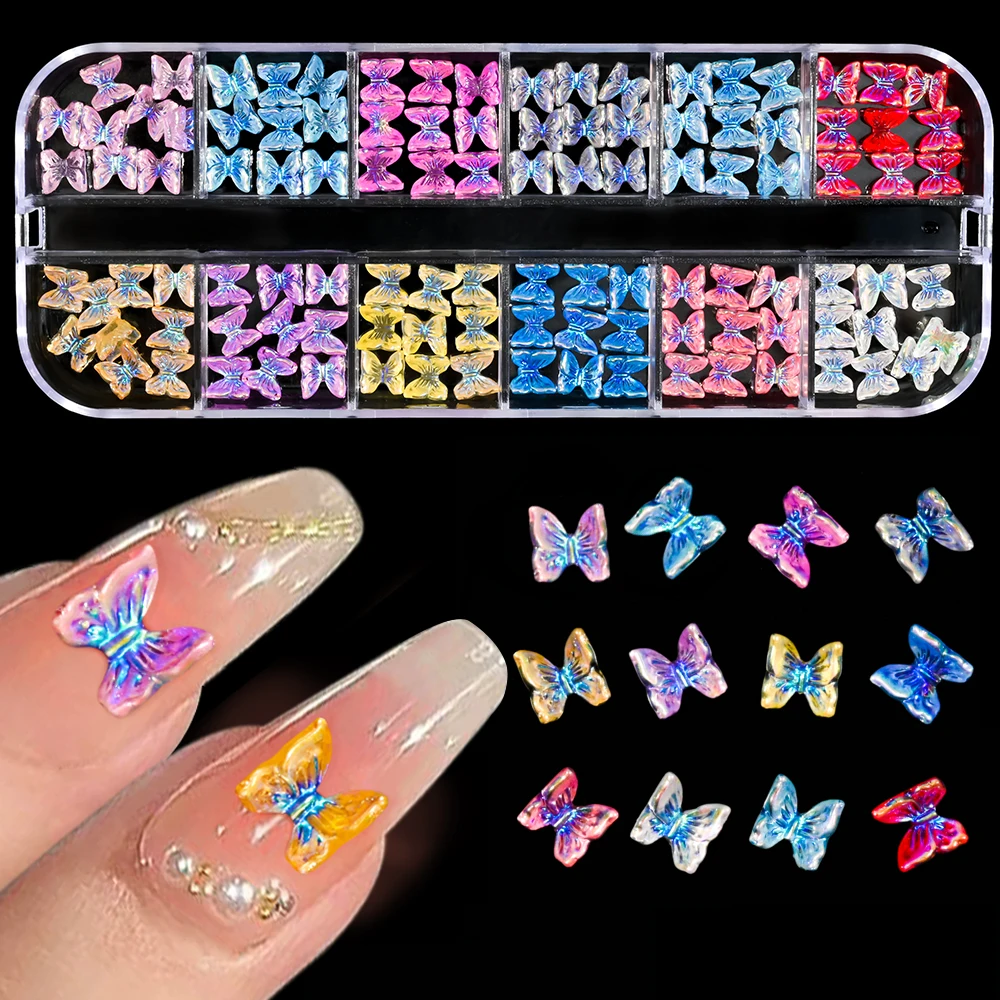 

12 Girds Aurora Butterfly/Bowknot Nail Jewelry Charms 3D Kawaii Ribbon Bow DIY Crystal Rhinestone Nail Decoration Manicure Parts