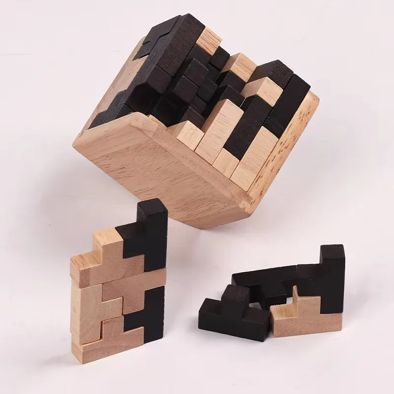 3D Wooden BrainTeaser Cube: Logic Shape Assembly Skill Builder - Educational Gift for Adult Puzzle Enthusiasts