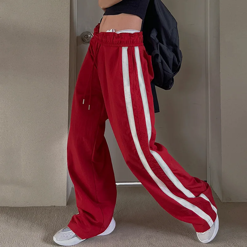 

Women Casual Long Pants Contrast Color Striped Pattern Elastic Waist Drawstring Loose Sweatpants Streetwear