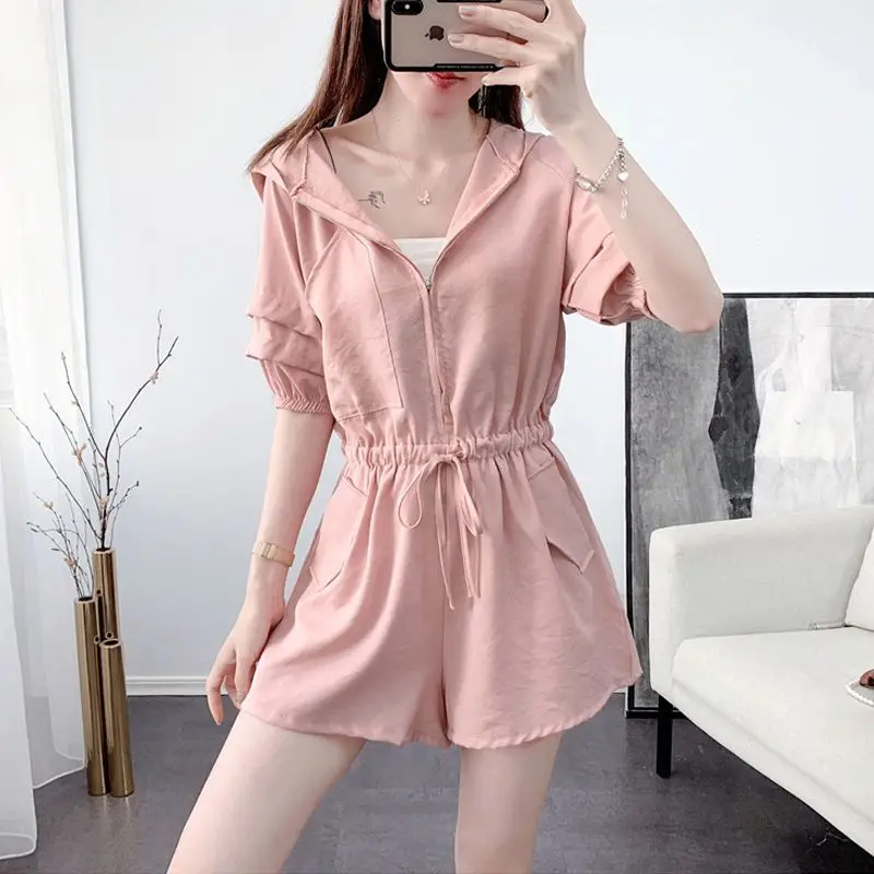 

Women's Spring Summer Hooded Pullover Zipper Solid Color Pockets Shirring Lantern Long Sleeve Waist Shorts Jumpsuits Korean Set