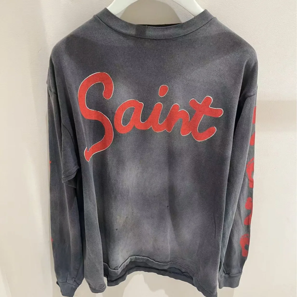 

2024 New Fashion Tide Saints Michaels Cho Washed and Aged Set Sweatshirt Letter Printed Casual Loose Round Neck Tops for Men