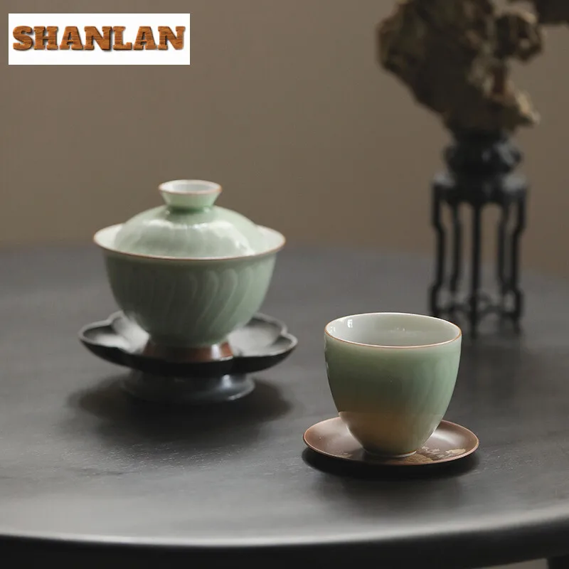 130ml Boutique Pink Green Porcelain Gaiwan Chrysanthemum Petal Tea Tureen Household Tea Maker Cover Bowl Items Decoration