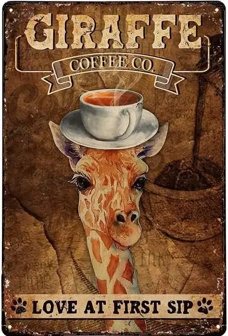 

Metal Tin Sign Giraffe Coffee Love At First Sip Aluminum Vintage Sign tin sign Retro for Home Garden Office Wall Decor