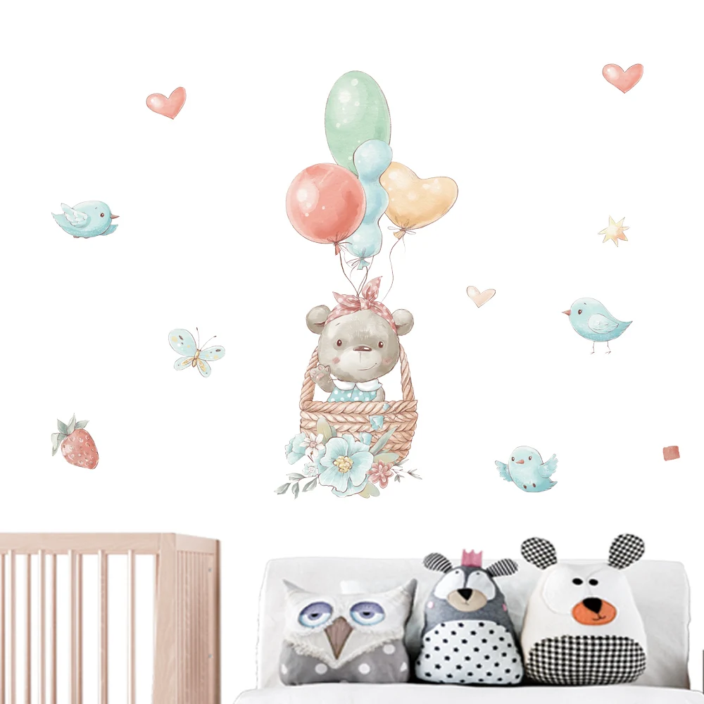 Cartoon Cute Animals Wall Stickers Hot Air Balloons for Nursery Kids Room Decor Art Removable Decals Tile Window Mural Posters