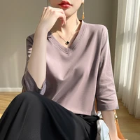 Spring And Summer New White Mercerized Cotton Cropped Sleeve T-shirt Feminine Joker 100% Cotton Bottoming Shirt Half Sleeve - Image 5