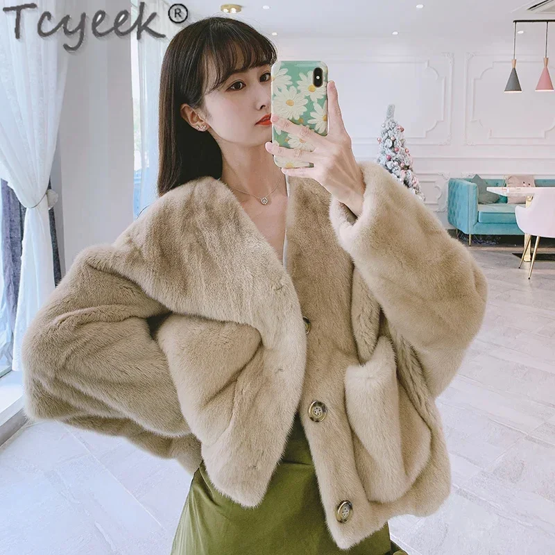 

2024 Tcyeek Natural Fur Jacket Women Clothes Fashion V-neck Whole Mink Coat Winter Women's Jackets Warm Real Coats