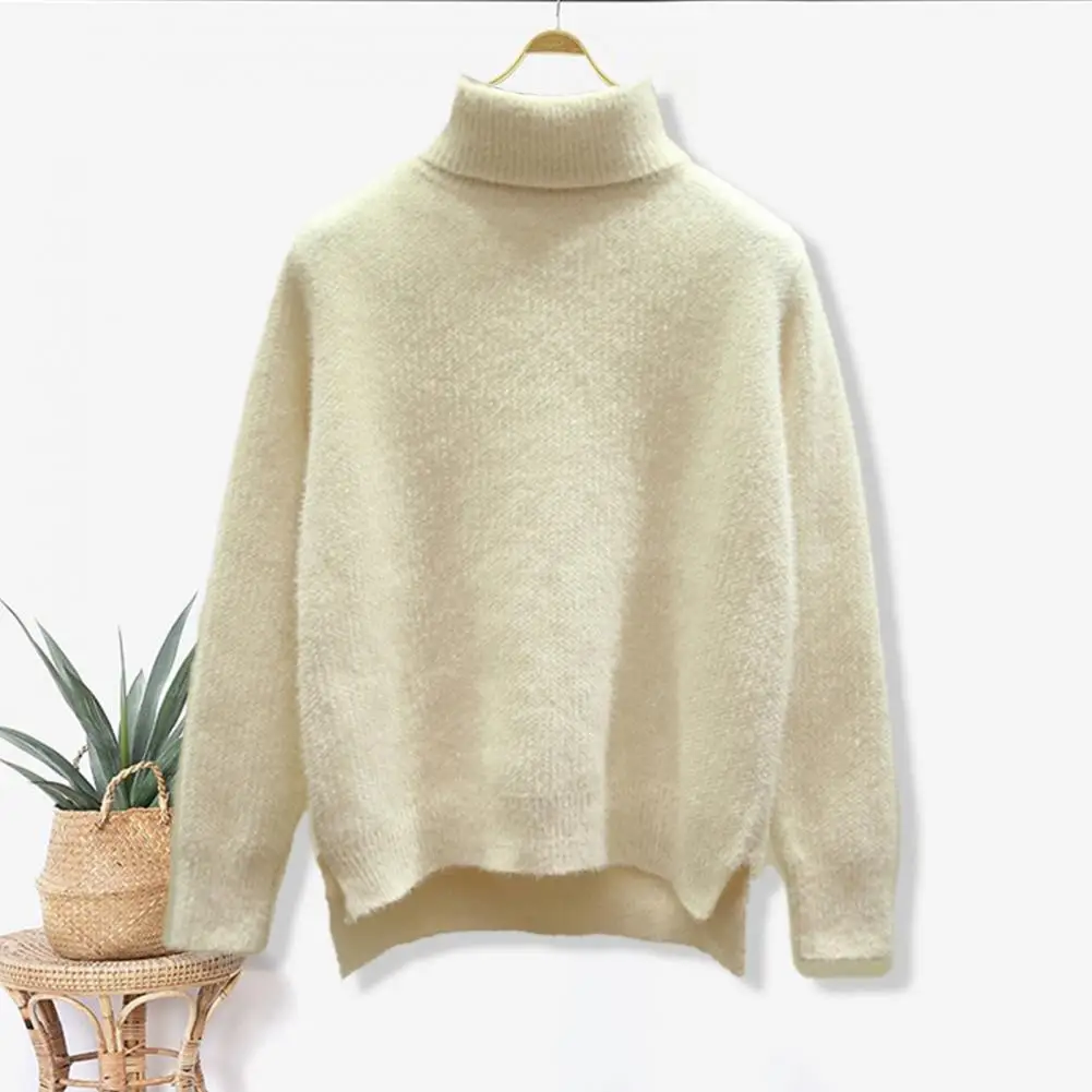 

Women Loose Sweater Warm High Collar Sweater Cozy Turtleneck Knit Sweater with Side Split Hem Imitation Mink Detail Women's