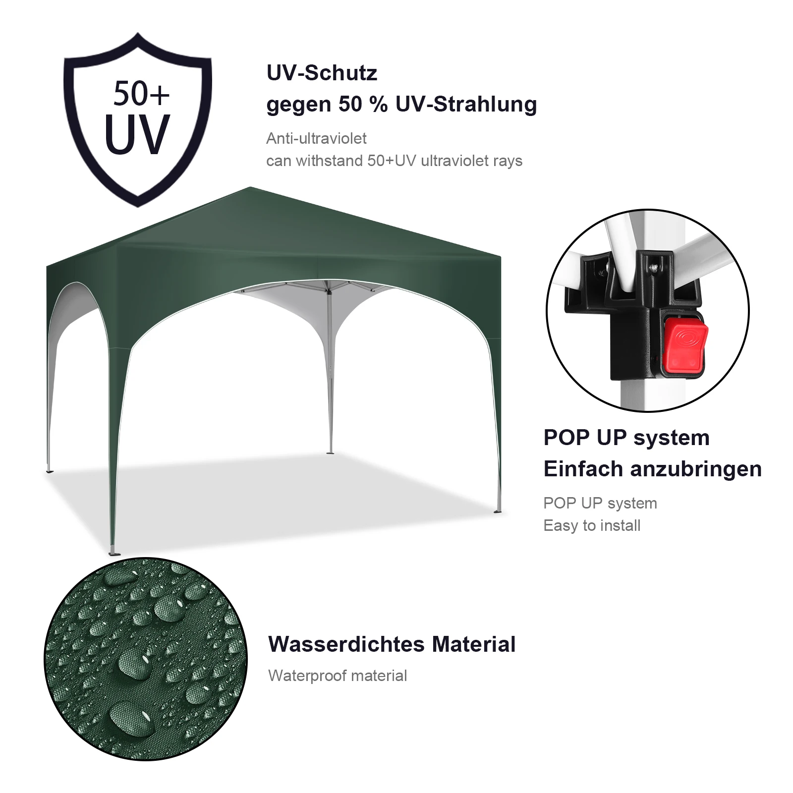 WOLTU Wasserdichtes, zusammenklappbares 3x3m Gartenpavillon-Partyzelt, Pop-Up-Pavillon mit Halbkreisdach für den Außenbereich und Marktveranstaltungen – Detail 9