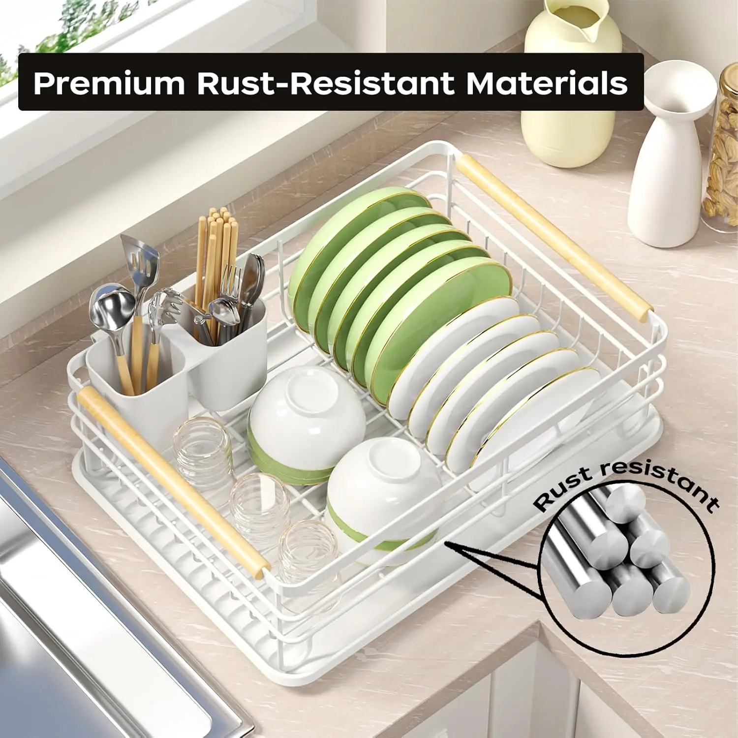 Dish Racks for Kitchen Counter: Wooden Handles, Thickened Metal, No Assembly. Small Dish Drying Rack: Ideal for Small Households