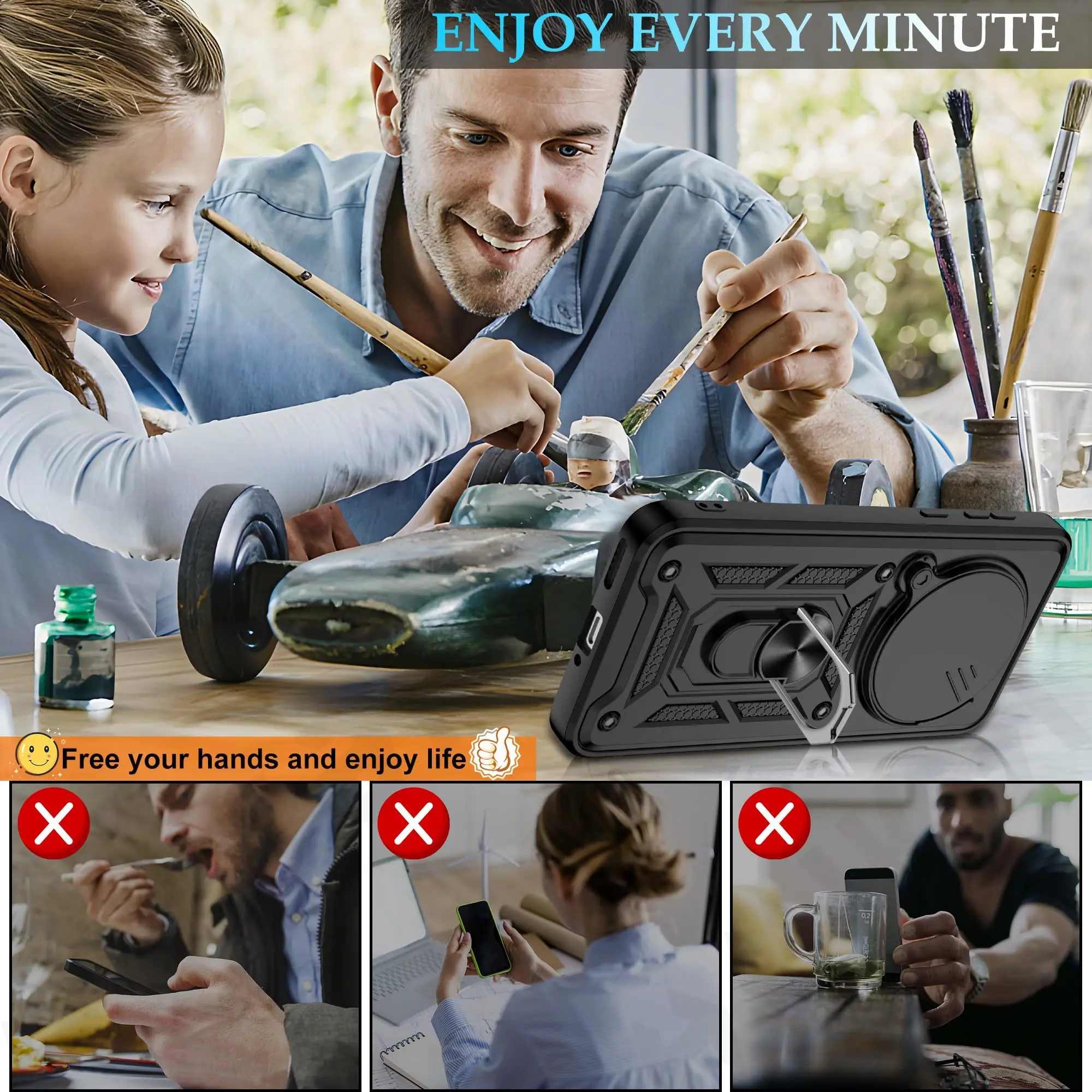 Armor Sliding Camera Cover Case with 360° Support Ring and TPU Protection