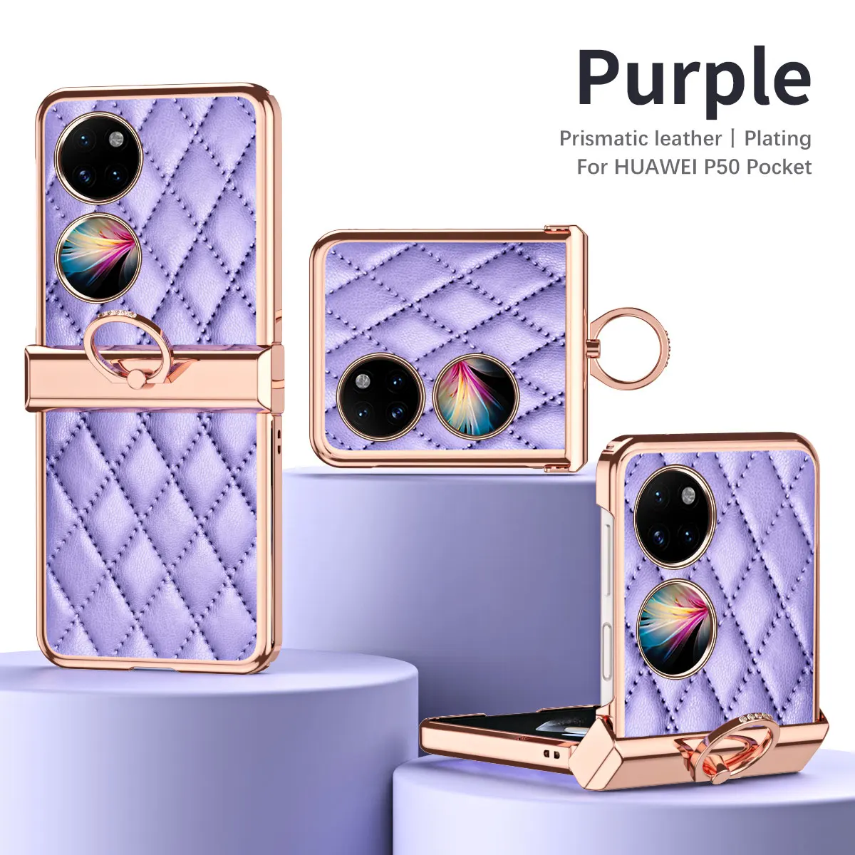 

Diamond Ring Holder Case For Huawei P50 Pocket Plating Leather Back Cover Case For P50 Pocket Protection Shockproof Phone Cases