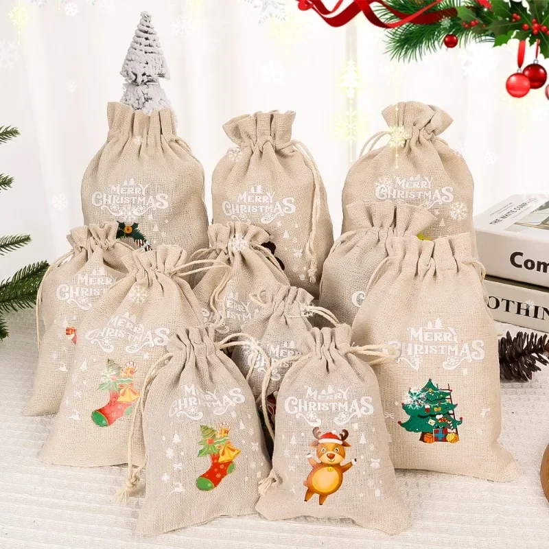 Christmas Gift Bags 30/1Pcs Drawstring Linen Candy Gift Bag Xmas Favor Bracelet Jewelry Packaging Santa Claus Pattern