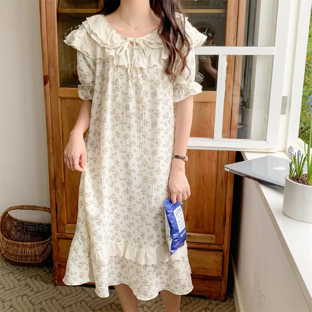 Soft Floral Print Flowers Flounce Short Sleeve NightDress Women Summer Cotton Sleepwear Ins Comfortable Casual Elegant Loose