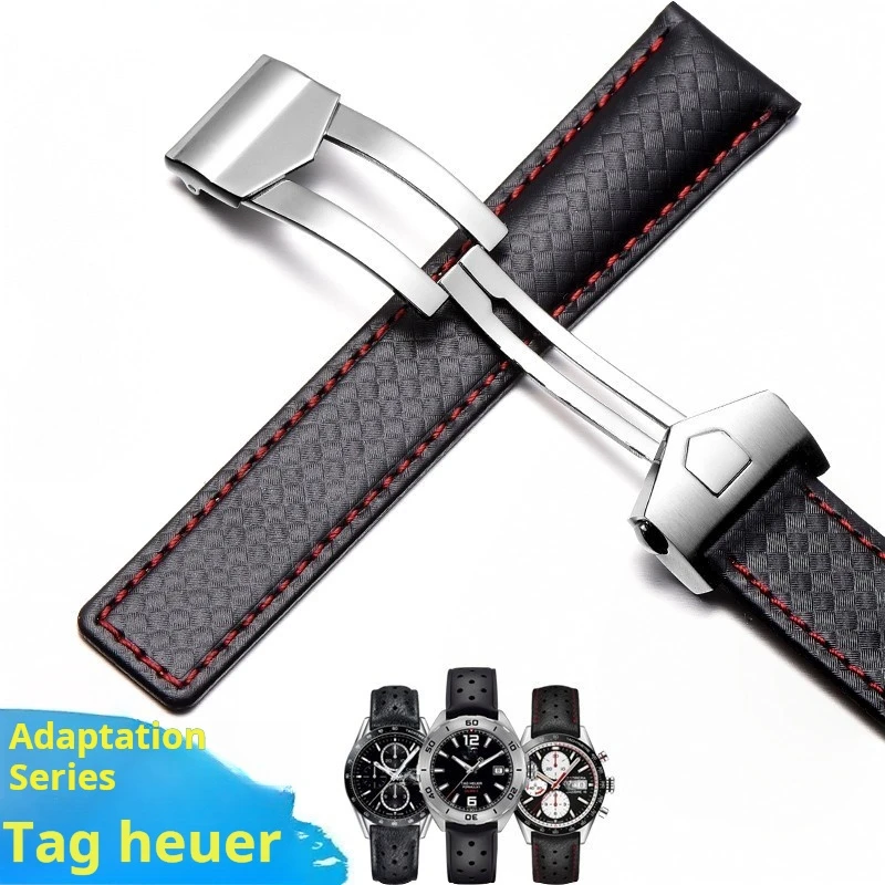 Elegant Cowhide Leather Watchband with Metal Folding Buckle - Black/Red