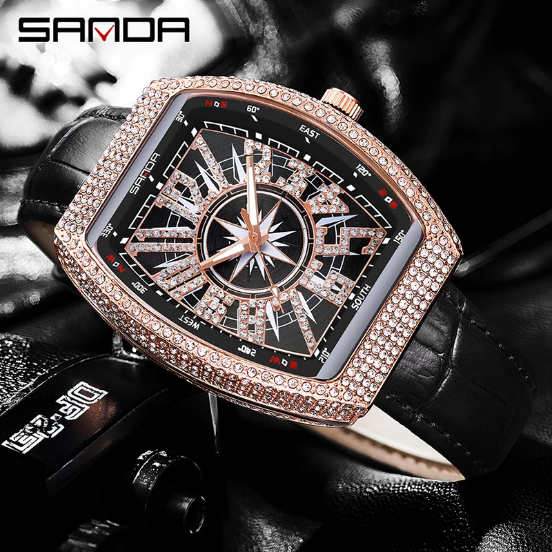SANDA Quartz Watch Mens Watches New Fashion Rose Gold Case Luxury Diamond Waterproof Watch Luminous Hands Reloj Hombre 7017