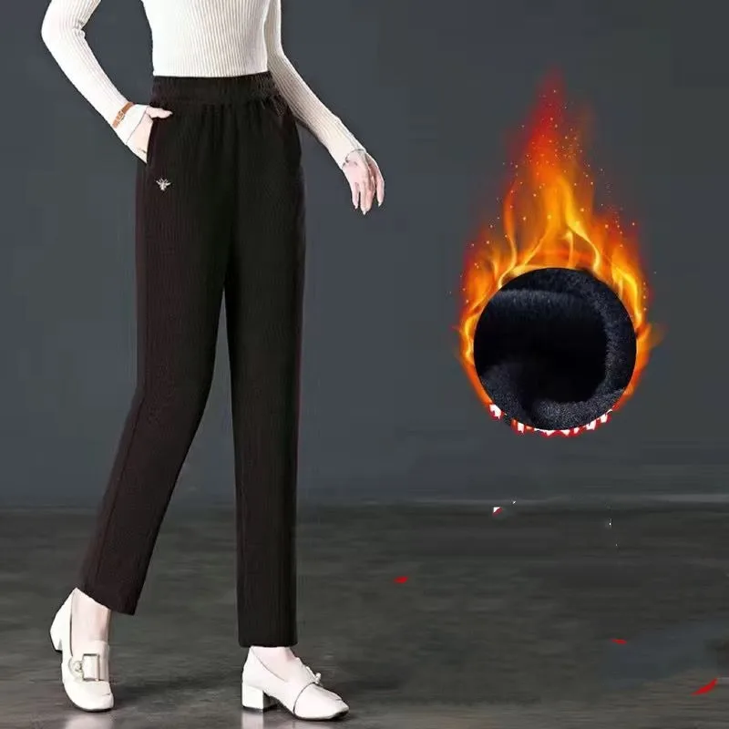Women's Autumn and Winter New Fashion Simple Solid Color Pocket Korean Versatile Loose High Waist Plush Corduroy Haren Pants